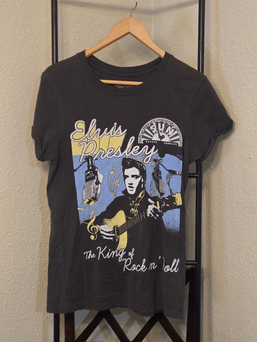 Elvis Presley Graphic Tee in Black with Yellow & Blue Accents